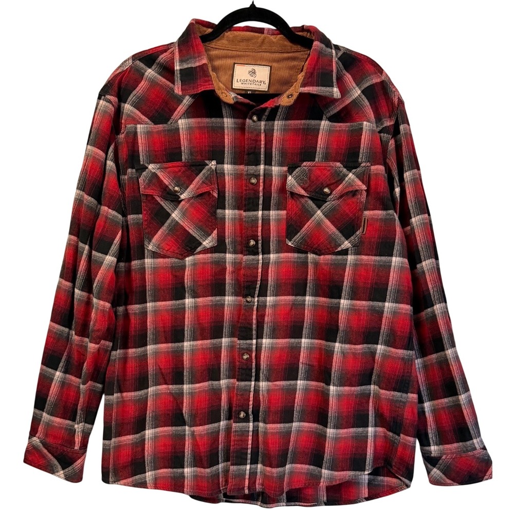 Legendary Whitetails Mens XL Red Black Plaid Flannel Snap Button Western Shirt